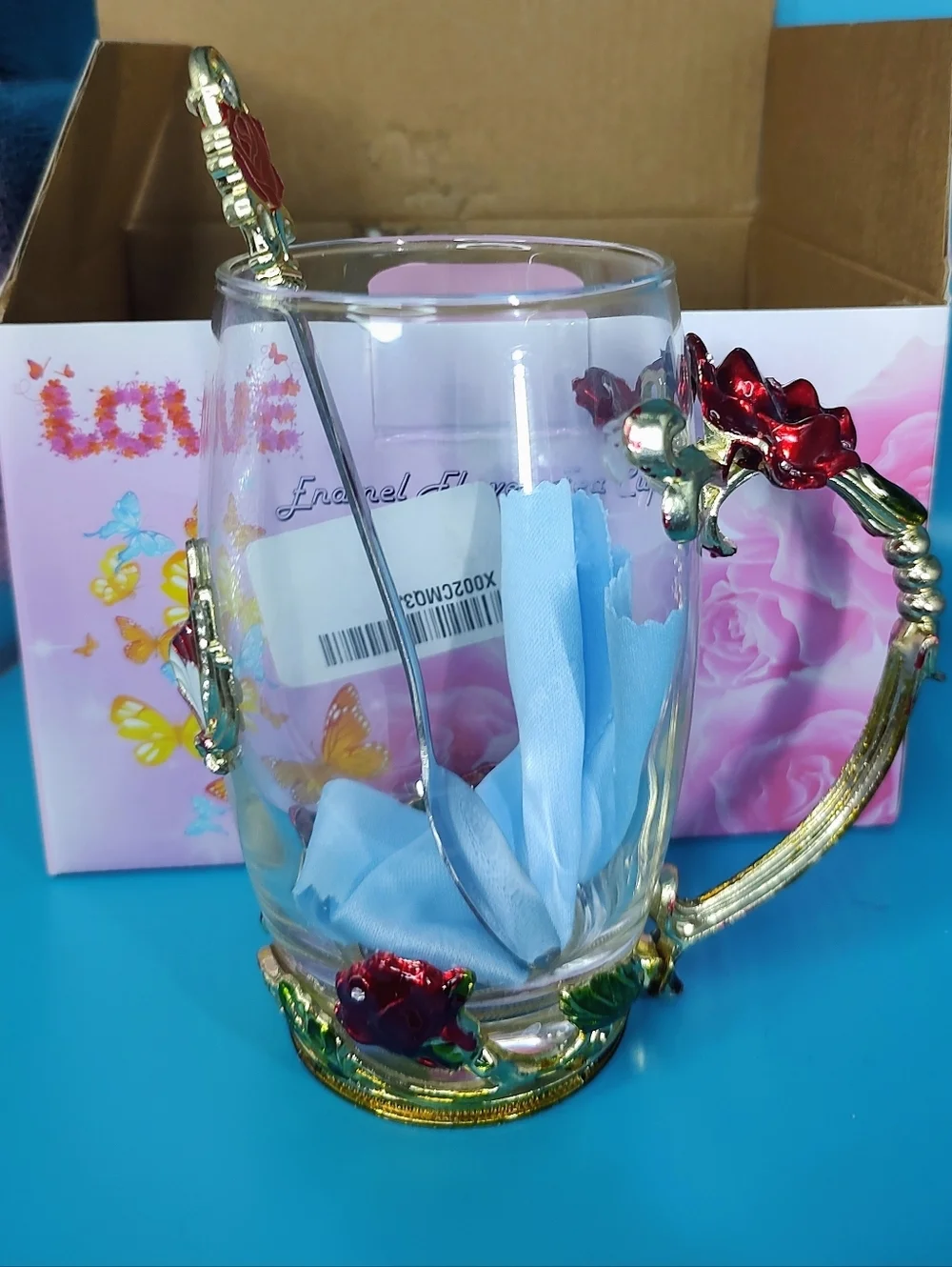Handicraft Crystal Glass 3D Flower Tea Cup with Spoon Red Rose Accents